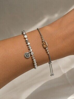2PC Bomb Party Bracelet Set Silver Stretch Beaded Charm + CZ Slider Bolo set